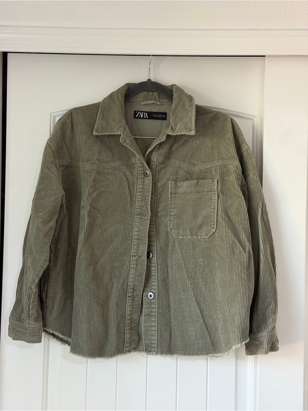 Zara corduroy oversized shacket with a raw hem and single chest pocket